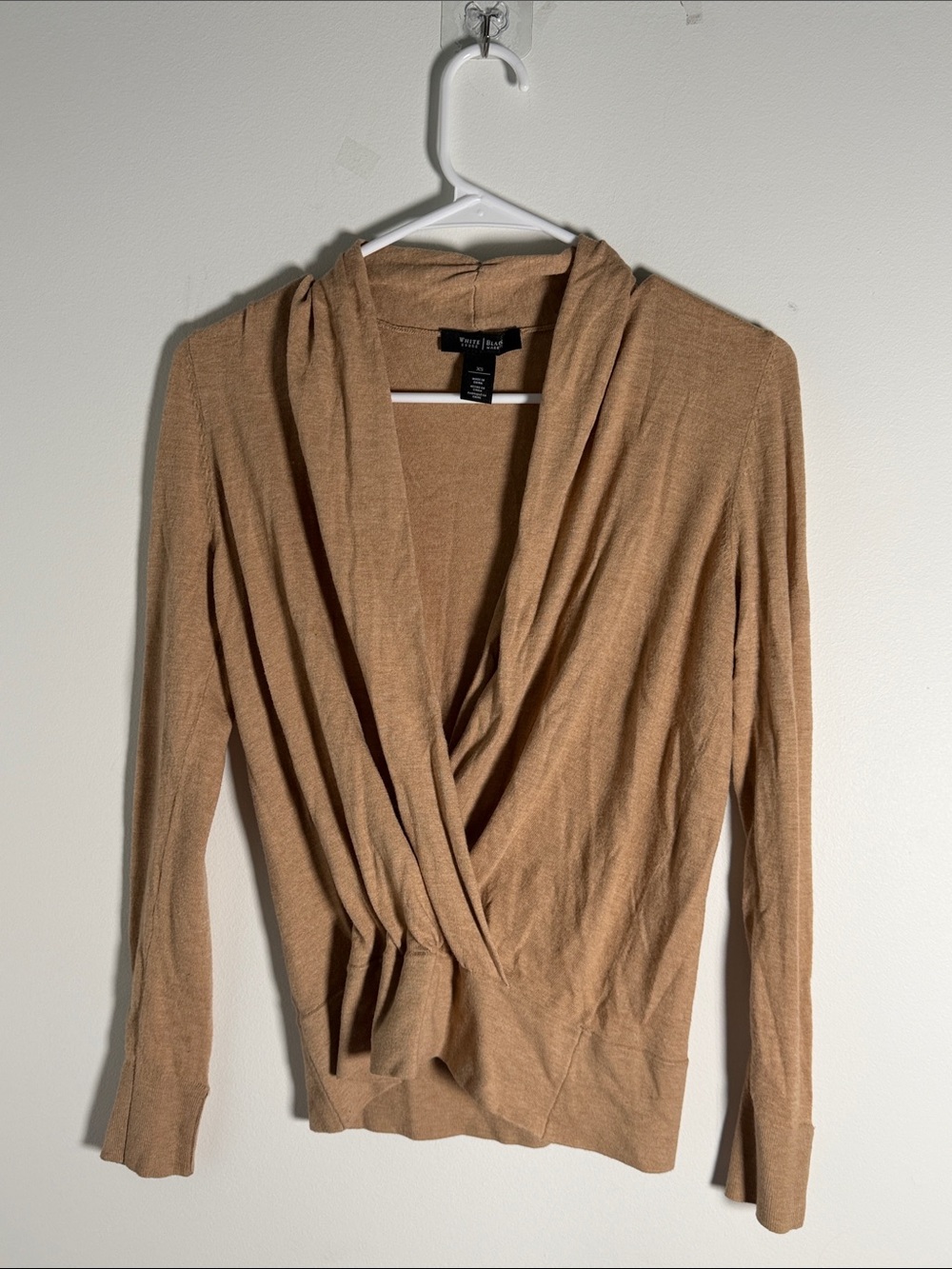 White house black market tan long sleeve v-neck crossover neckline knit top